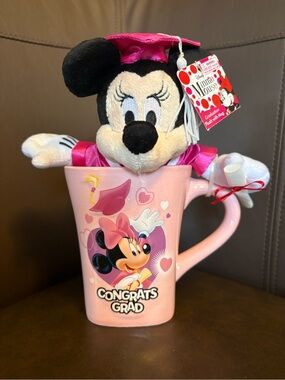 Disney Pink Minnie Mouse Congrats Grad Ceramic Mug with Plush Doll